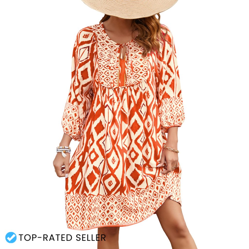 Boho Floral V-Neck 3/4 Sleeve Loose Fit Summer Casual Beach Dress